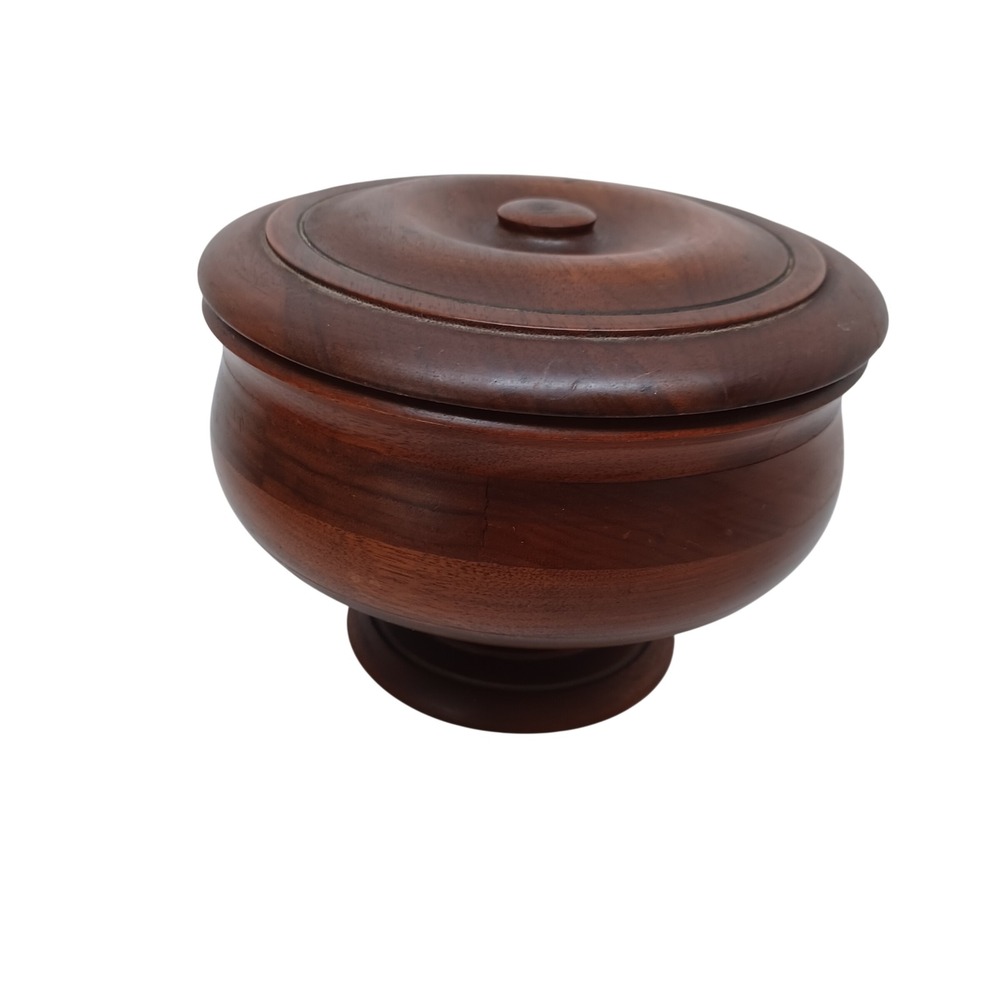 Vintage Handcrafted Footed Wooden Bowl w Lid Mid Century Pedestal Trinket Dish
